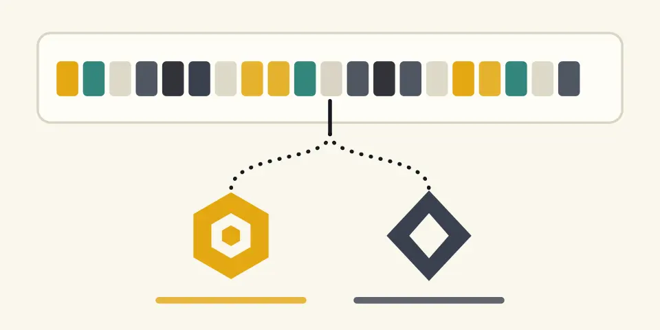 One row of address cells that splits into two lanes: a gold hexagon for BNB Smart Chain and a slate diamond for Ethereum